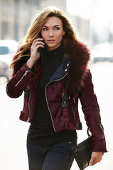 Calfskin Leather Moto Jacket with Detachable Raccoon Fur Collar