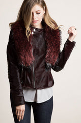 Calfskin Leather Moto Jacket with Detachable Raccoon Fur Collar