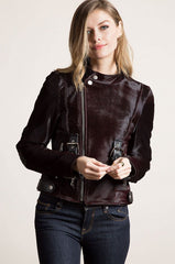Calfskin Leather Moto Jacket with Detachable Raccoon Fur Collar