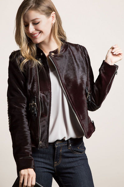 Calfskin Leather Moto Jacket with Detachable Raccoon Fur Collar