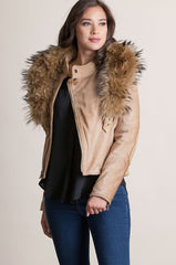 Calfskin Leather Moto Jacket with Detachable Raccoon Fur Collar