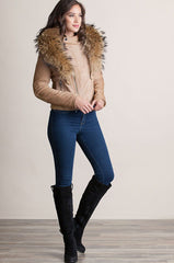 Calfskin Leather Moto Jacket with Detachable Raccoon Fur Collar