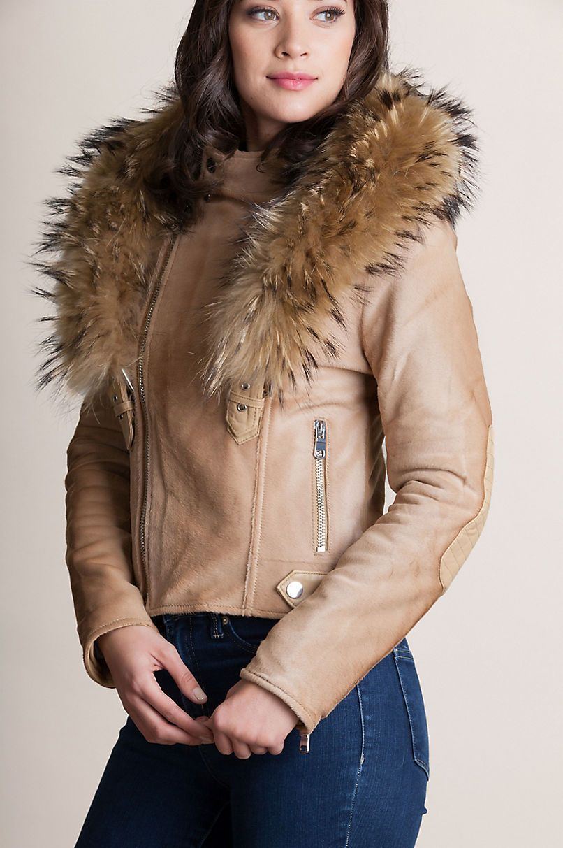 Calfskin Leather Moto Jacket with Detachable Raccoon Fur Collar