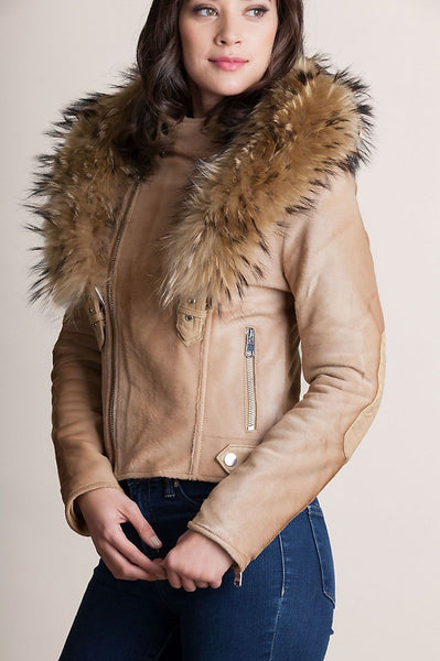 Calfskin Leather Moto Jacket with Detachable Raccoon Fur Collar