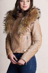 Calfskin Leather Moto Jacket with Detachable Raccoon Fur Collar