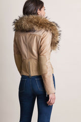 Calfskin Leather Moto Jacket with Detachable Raccoon Fur Collar