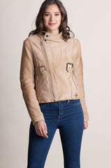 Calfskin Leather Moto Jacket with Detachable Raccoon Fur Collar