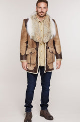 Clint Shearling Sheepskin Coat with Leather Trim and Coyote Fur Collar