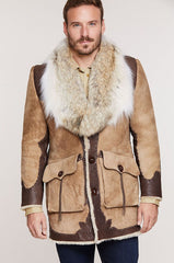 Clint Shearling Sheepskin Coat with Leather Trim and Coyote Fur Collar
