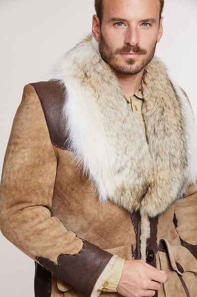 Clint Shearling Sheepskin Coat with Leather Trim and Coyote Fur Collar