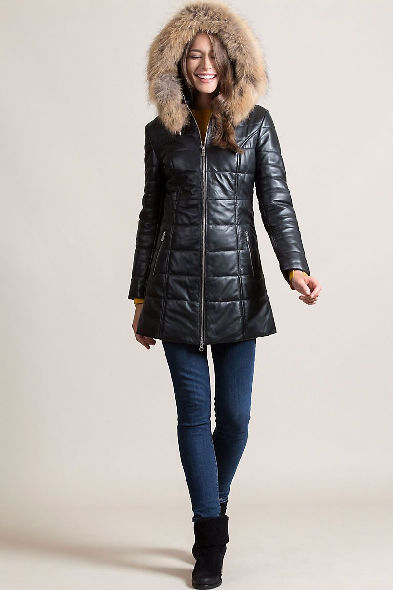 Maria Lambskin Leather Coat with Raccoon Fur Trim and Detachable Hood