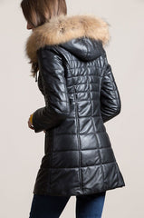 Maria Lambskin Leather Coat with Raccoon Fur Trim and Detachable Hood