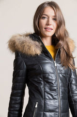 Maria Lambskin Leather Coat with Raccoon Fur Trim and Detachable Hood