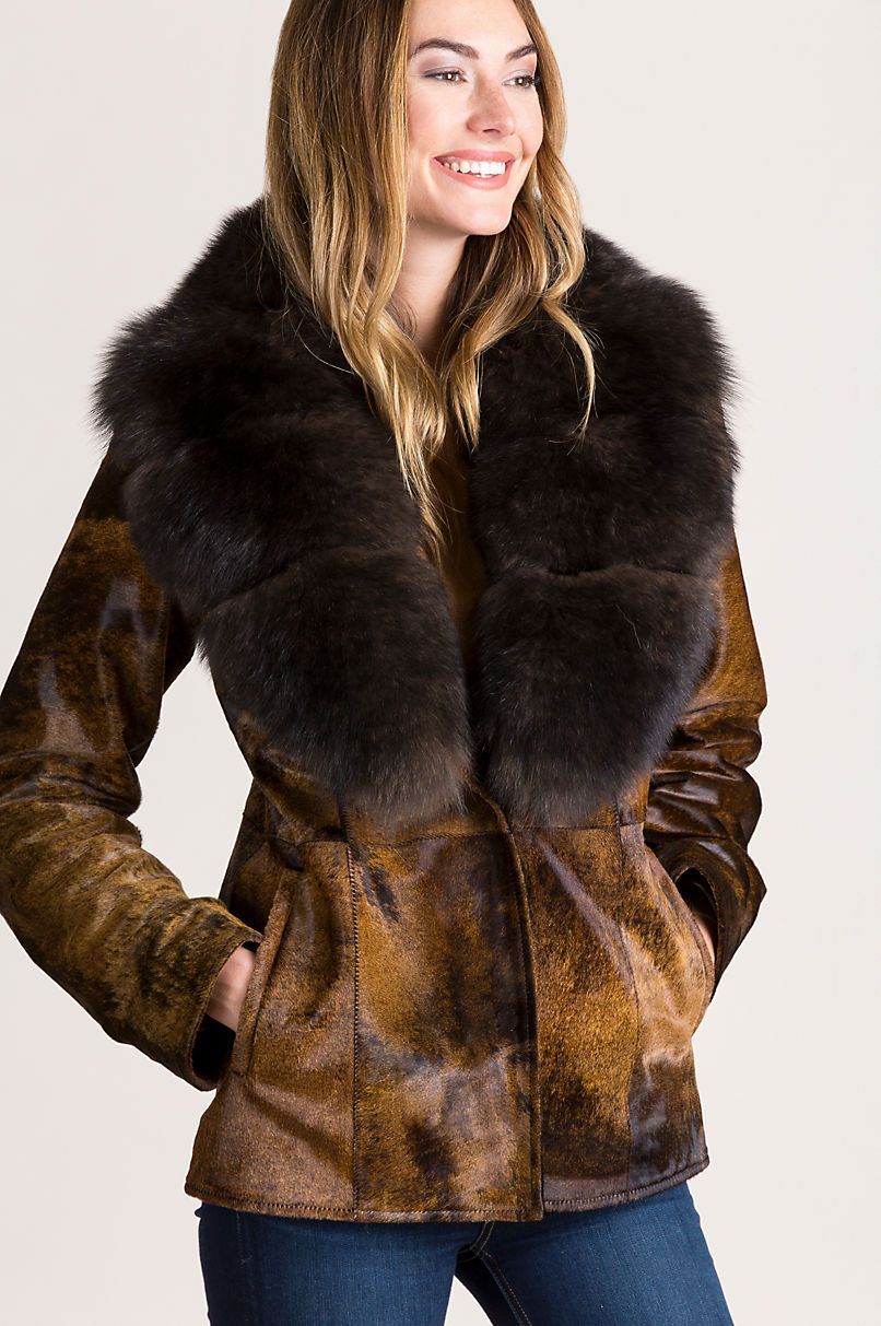 Calfskin Leather Jacket with Detachable Fox Fur Collar