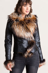 Celestine Lambskin Leather Moto Jacket with Fox Fur Trim