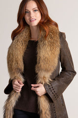 Felicity Distressed Lambskin Leather Coat with Raccoon Fur Collar