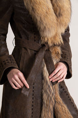 Felicity Distressed Lambskin Leather Coat with Raccoon Fur Collar