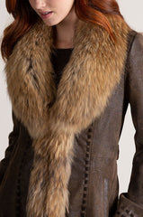 Felicity Distressed Lambskin Leather Coat with Raccoon Fur Collar