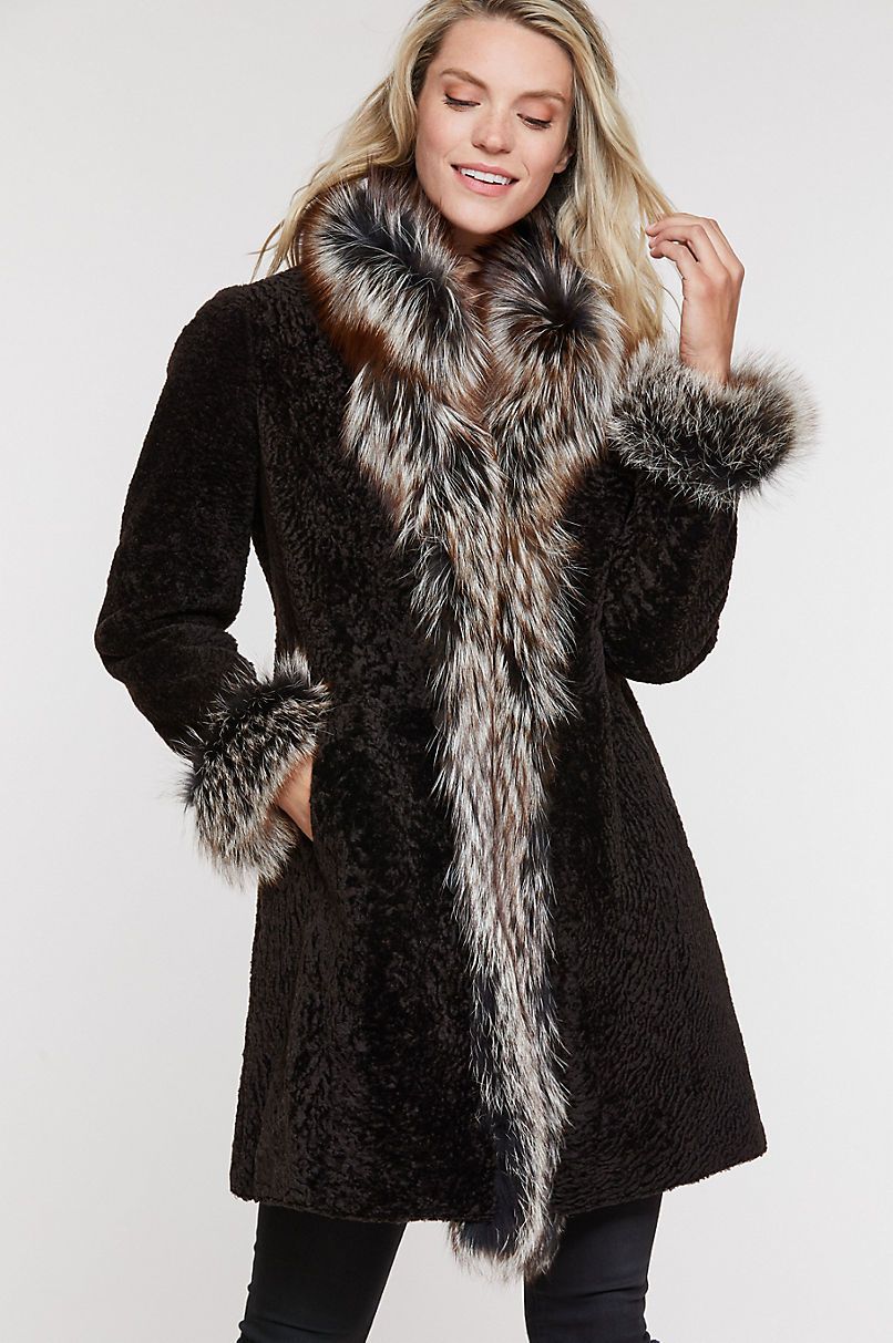 Grace Reversible Astrakhan Lamb Fur and Leather Coat with Fox Fur Trim
