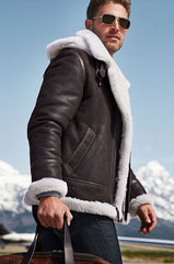 Classic Sheepskin B-3 Bomber Jacket with Detachable Hood