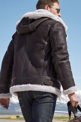 Classic Sheepskin B-3 Bomber Jacket with Detachable Hood