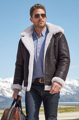 Classic Sheepskin B-3 Bomber Jacket with Detachable Hood