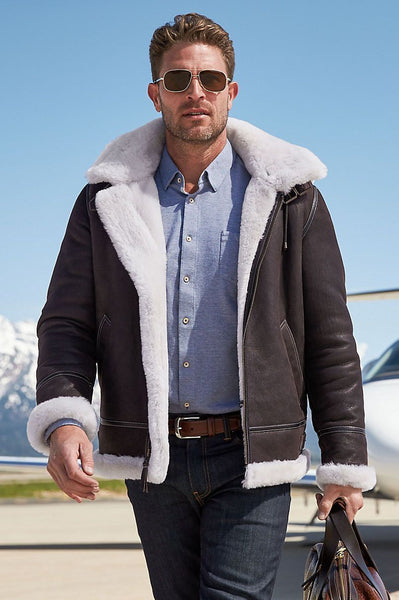 Classic Sheepskin B-3 Bomber Jacket with Detachable Hood