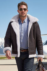 Classic Sheepskin B-3 Bomber Jacket with Detachable Hood