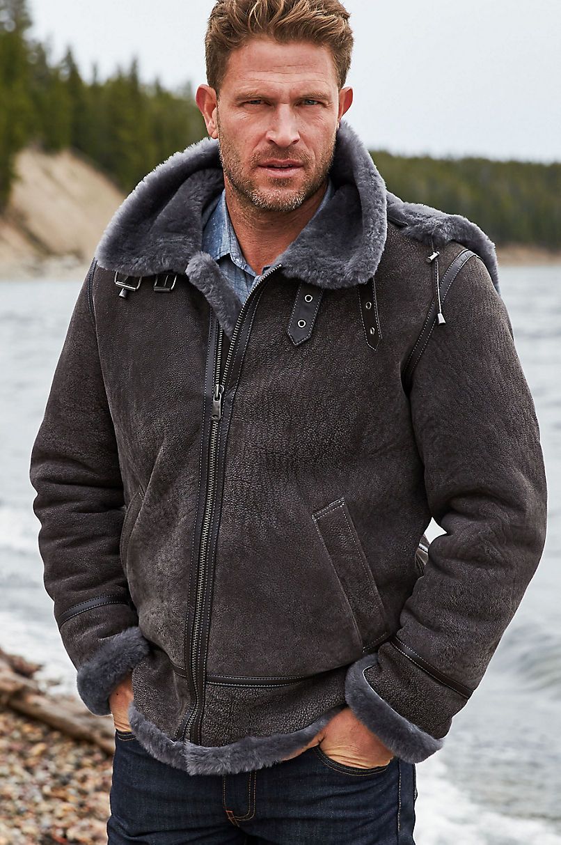 Pebble Grey Sheepskin B-3 Bomber Jacket with Detachable Hood
