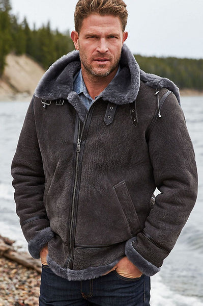 Pebble Grey Sheepskin B-3 Bomber Jacket with Detachable Hood
