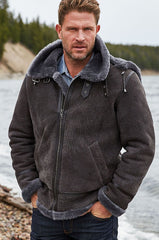 Pebble Grey Sheepskin B-3 Bomber Jacket with Detachable Hood