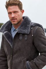 Pebble Grey Sheepskin B-3 Bomber Jacket with Detachable Hood