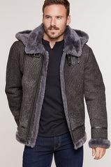 Pebble Grey Sheepskin B-3 Bomber Jacket with Detachable Hood