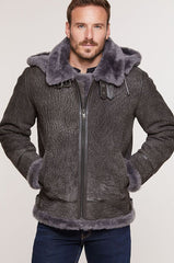 Pebble Grey Sheepskin B-3 Bomber Jacket with Detachable Hood