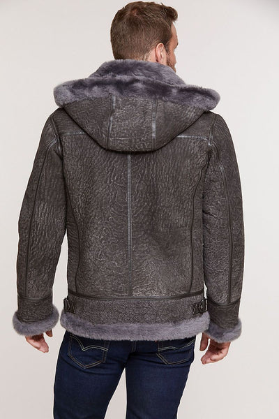 Pebble Grey Sheepskin B-3 Bomber Jacket with Detachable Hood
