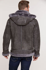 Pebble Grey Sheepskin B-3 Bomber Jacket with Detachable Hood