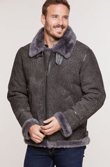 Pebble Grey Sheepskin B-3 Bomber Jacket with Detachable Hood