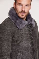 Pebble Grey Sheepskin B-3 Bomber Jacket with Detachable Hood