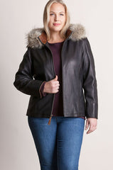 Lambskin Leather Jacket with Coyote Fur Trim and Detachable Hood