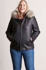 Lambskin Leather Jacket with Coyote Fur Trim and Detachable Hood