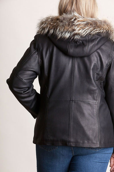 Lambskin Leather Jacket with Coyote Fur Trim and Detachable Hood