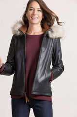 Lambskin Leather Jacket with Coyote Fur Trim and Detachable Hood