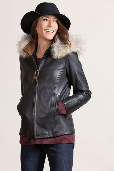 Lambskin Leather Jacket with Coyote Fur Trim and Detachable Hood