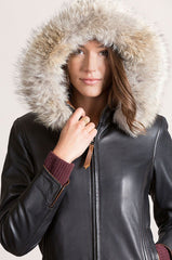 Lambskin Leather Jacket with Coyote Fur Trim and Detachable Hood