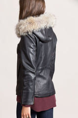 Lambskin Leather Jacket with Coyote Fur Trim and Detachable Hood