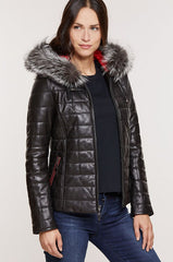 Ginger Hooded Lambskin Leather Jacket with Fox Fur Trim