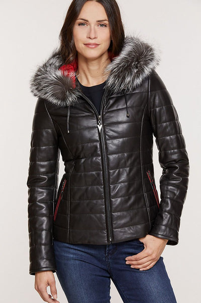 Ginger Hooded Lambskin Leather Jacket with Fox Fur Trim