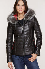 Ginger Hooded Lambskin Leather Jacket with Fox Fur Trim