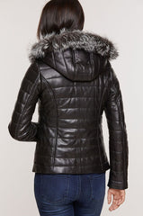 Ginger Hooded Lambskin Leather Jacket with Fox Fur Trim