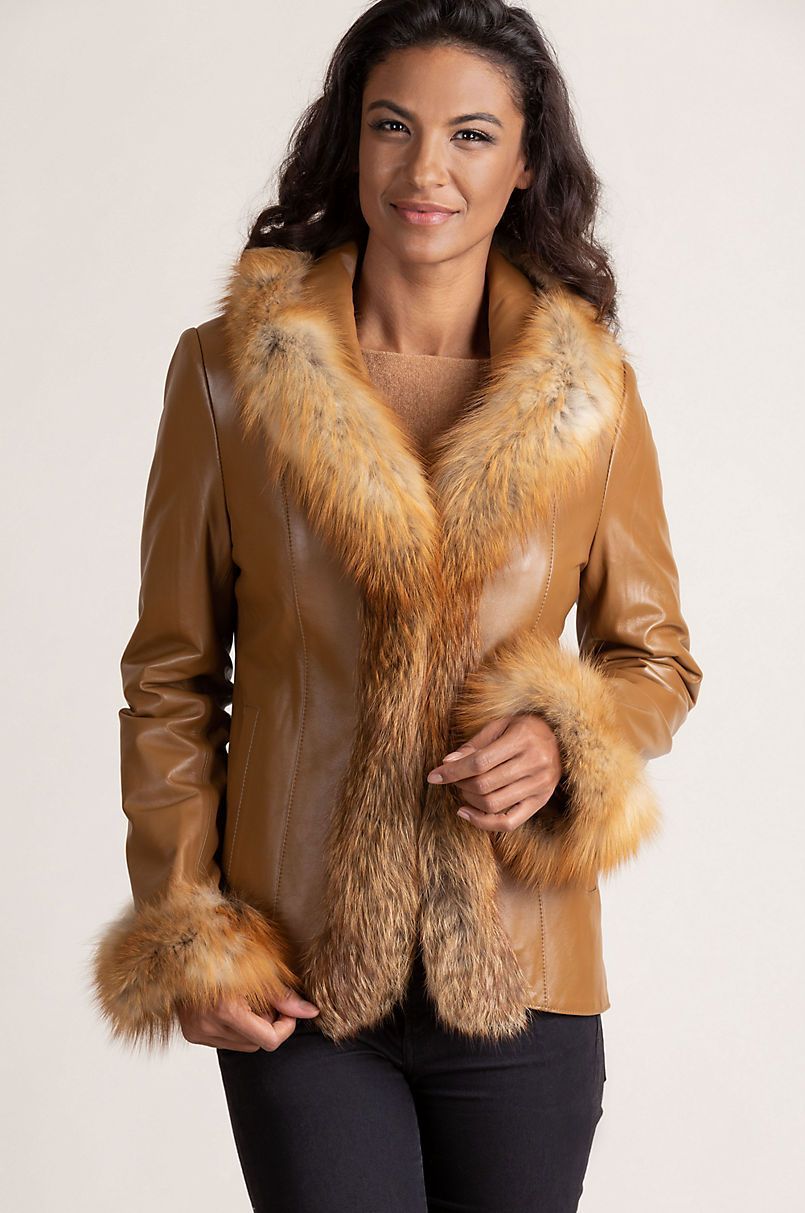Bethany Lambskin Leather Jacket with Red Fox Fur Trim